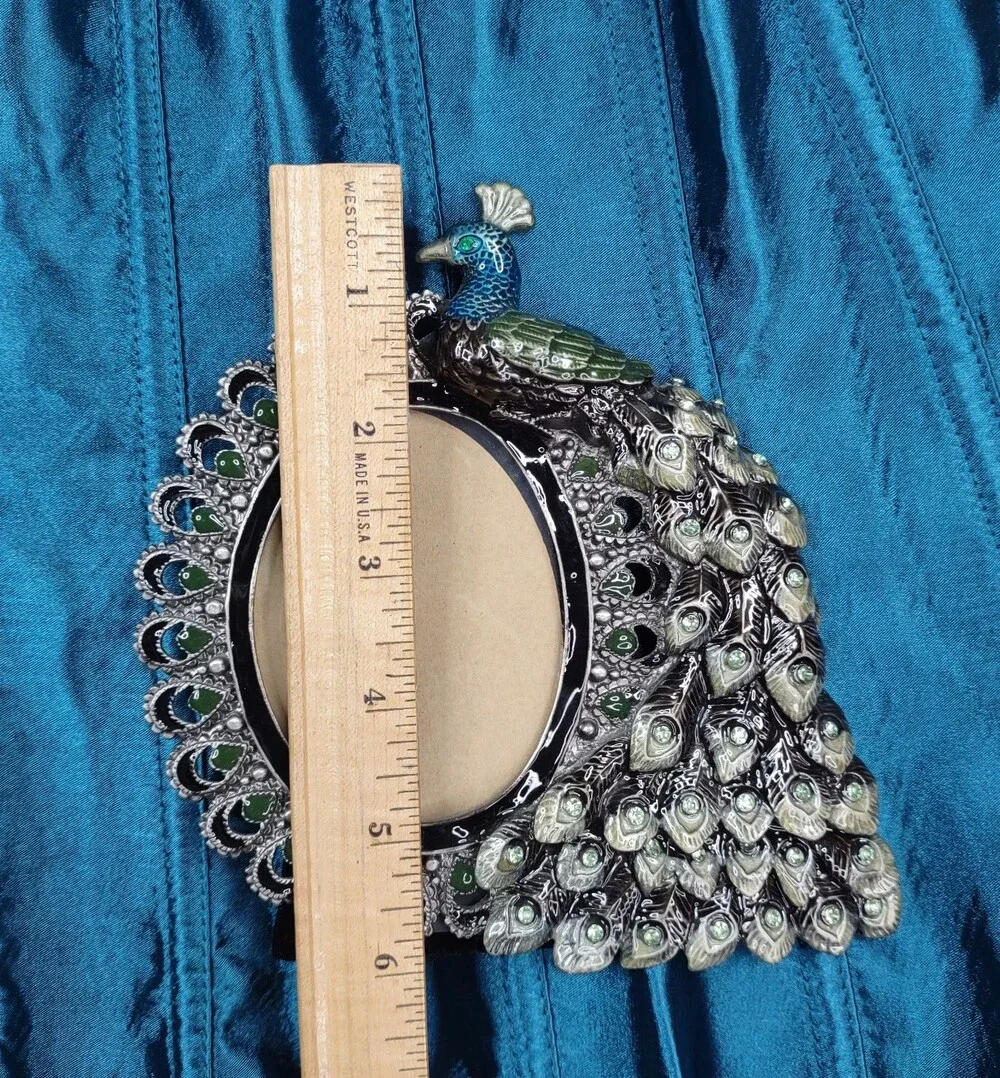 Pier 1 Peacock Picture Photo Frame Metal Enameled Rhinestone Decorative Bird